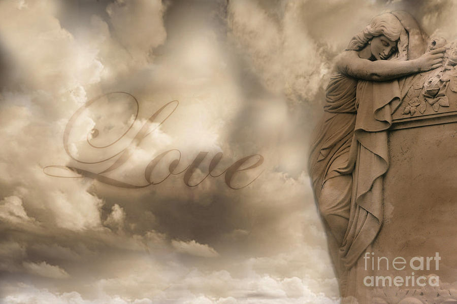 Surreal Dreamy Love Ethereal Sad Angel Cemetery Statue Sepia Clouds - Lost Love Photograph by Kathy Fornal