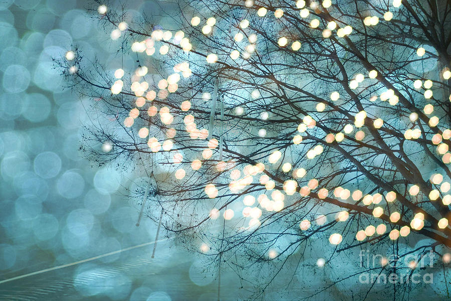 Tree Photograph - Surreal Dreamy Aqua Teal Fairylights Fantasy Sparkling Aqua Teal Blue Bokeh Nature Trees by Kathy Fornal