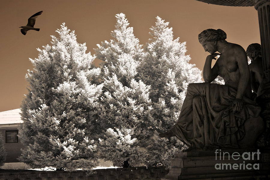 Surreal Ethereal Dreamy Infrared Sepia Female Statue Nature Ravens Landscape Photograph by Kathy Fornal