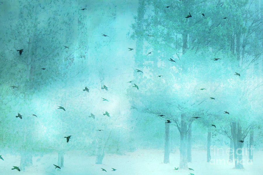 Nature Photograph - Surreal Fantasy Aqua Blue Teal Trees With Flying Birds by Kathy Fornal