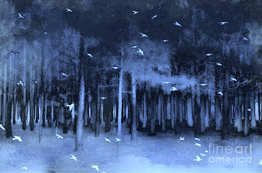Surreal Fantasy Blue Woodlands Nature Trees With Birds Digital Art by Kathy Fornal