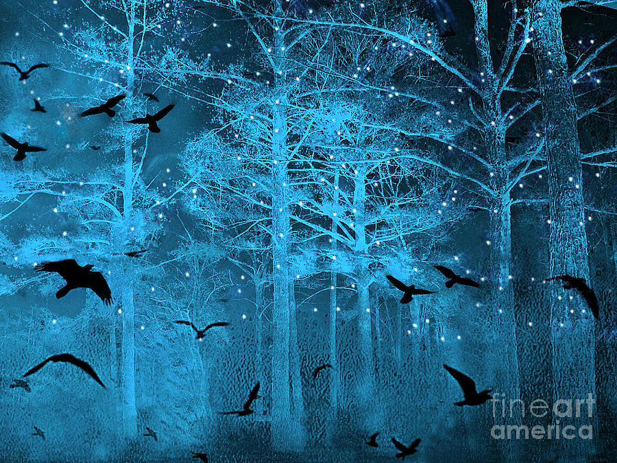 Surreal Fantasy Blue Woodlands Ravens and Stars - Fairytale Fantasy Blue Nature With Flying Ravens Photograph by Kathy Fornal