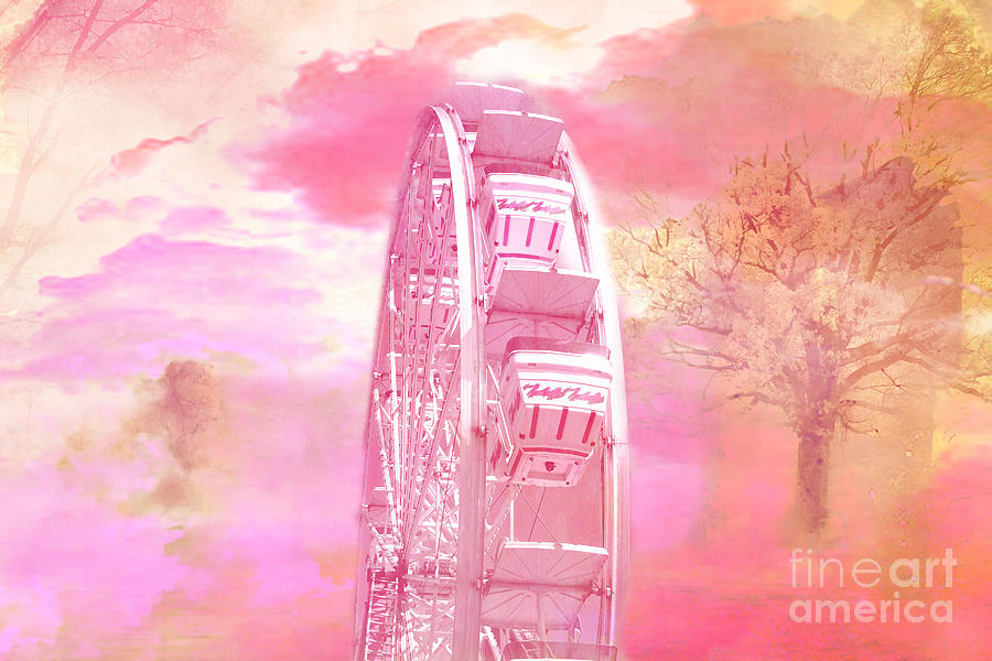 Surreal Fantasy Carnival Festival Fair Pink Yellow Ferris Wheel  Photograph by Kathy Fornal