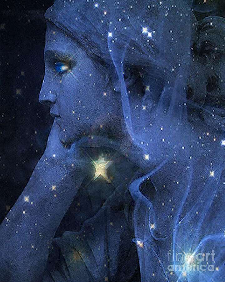 Angels Photograph - Surreal Fantasy Celestial Blue Angelic Face With Stars by Kathy Fornal