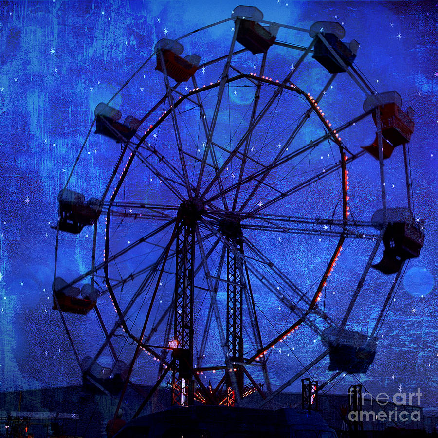 Surreal Fantasy Dark Blue Ferris Wheel Starry Night - Blue Ferris Wheel Carnival Decor Photograph by Kathy Fornal