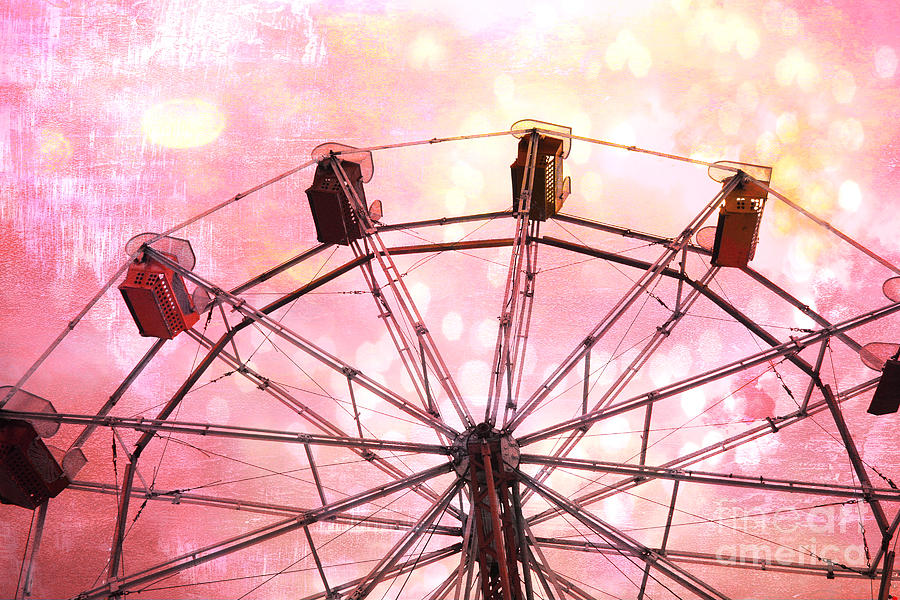 Dreamy Pink Yellow Carnival Ferris Wheel Ride - Carnival Ferris Wheel Kids Room Decor Photograph by Kathy Fornal