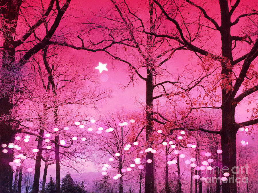 Surreal Fantasy Fairytale Dark Pink Haunting Woodlands Nature With Stars and Twinkling Lights Photograph by Kathy Fornal