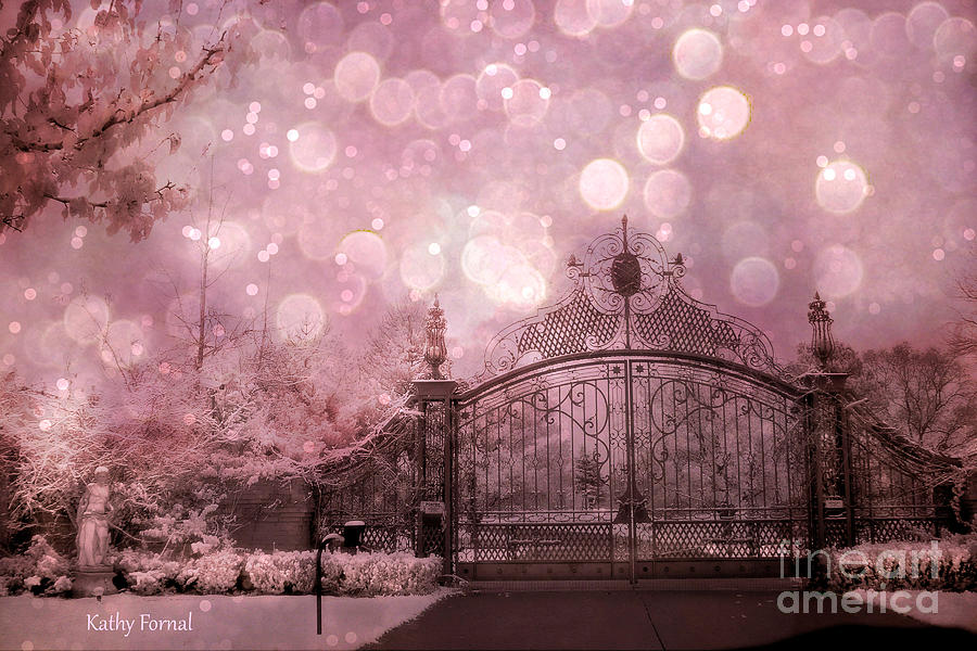 Gate Photograph - Surreal fantasy Fairytale Pink Nature Haunting Gothic Gate and Bokeh Circles by Kathy Fornal