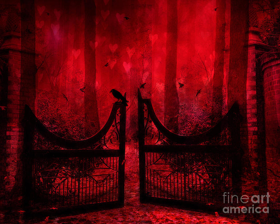 Nature Photograph - Surreal Fantasy Gothic Haunting Red Forest Crow On Gate- Red Nature Gate Ravens Crow Art by Kathy Fornal