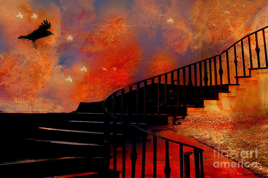 Surreal Fantasy Gothic Black Staircase With Flying Ravens - Surreal Orange Black Fantasy Art Digital Art by Kathy Fornal