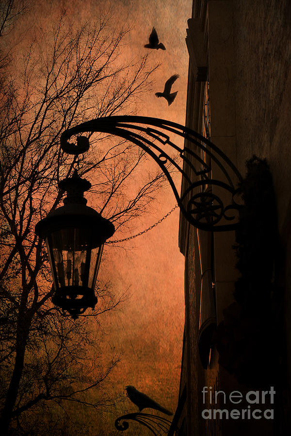 Surreal Fantasy Gothic Street Lantern With Crows and Ravens Photograph by Kathy Fornal