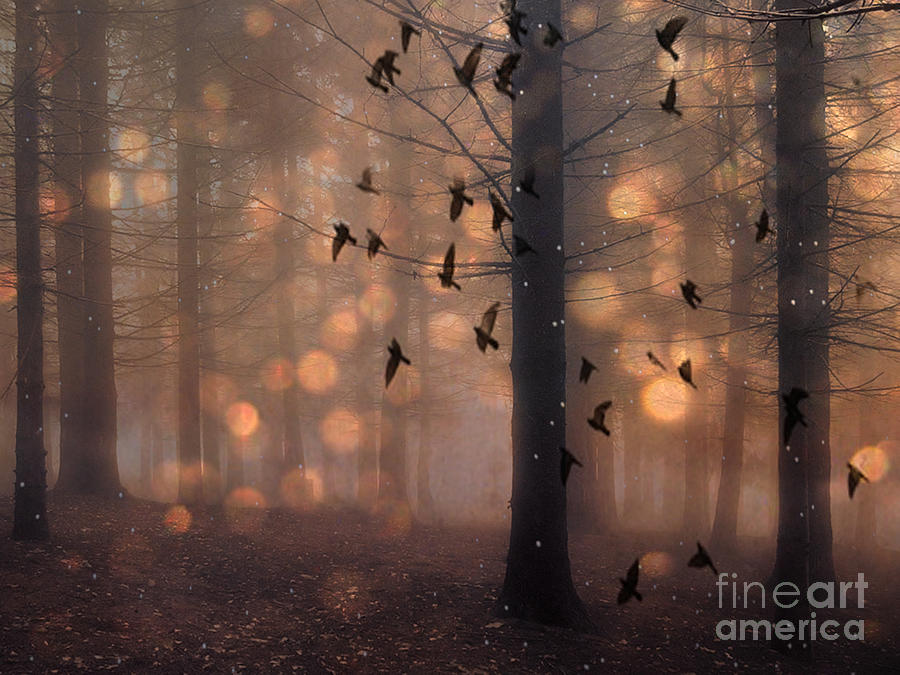 Surreal Fantasy Fairytale Haunting Woodlands Brown Surreal Nature Trees Birds Flying Photograph by Kathy Fornal