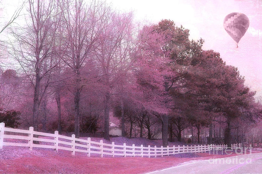 Ethereal Nature Photograph - Surreal Fantasy Pink Nature Country Road With Hot Air Balloon by Kathy Fornal