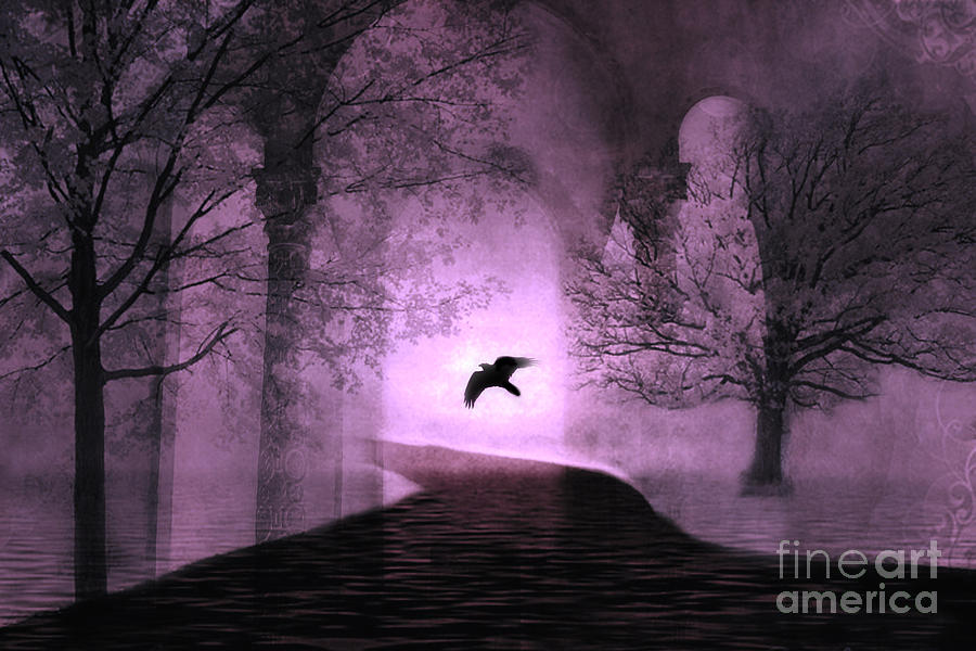 Surreal Fantasy Purple Nature Trees With Raven Flying Into Light Photograph by Kathy Fornal