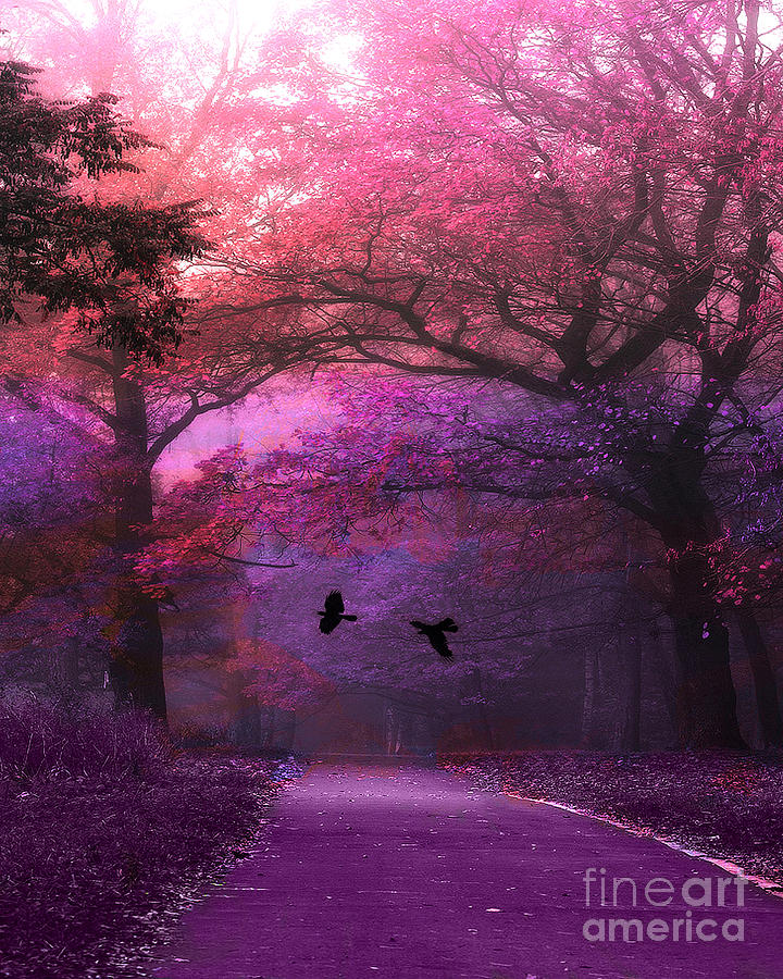 Fantasy Nature Photograph - Surreal Fantasy Purple Pink Autumn Fall Nature Woodlands - Purple Woodlands With Flying Ravens by Kathy Fornal
