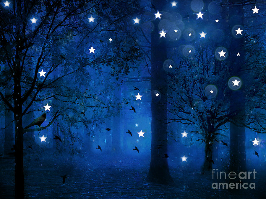 Surreal Fantasy Sparkling Blue Woodlands Forest Trees With Stars - Starlit Fantasy Nature Photograph by Kathy Fornal