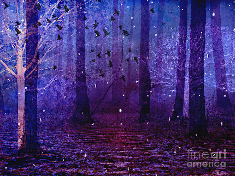 Fantasy Starlit Trees Photograph - Surreal Fantasy Starry Night Purple Woodlands - Purple Blue Fantasy Nature Fairy Lights  by Kathy Fornal