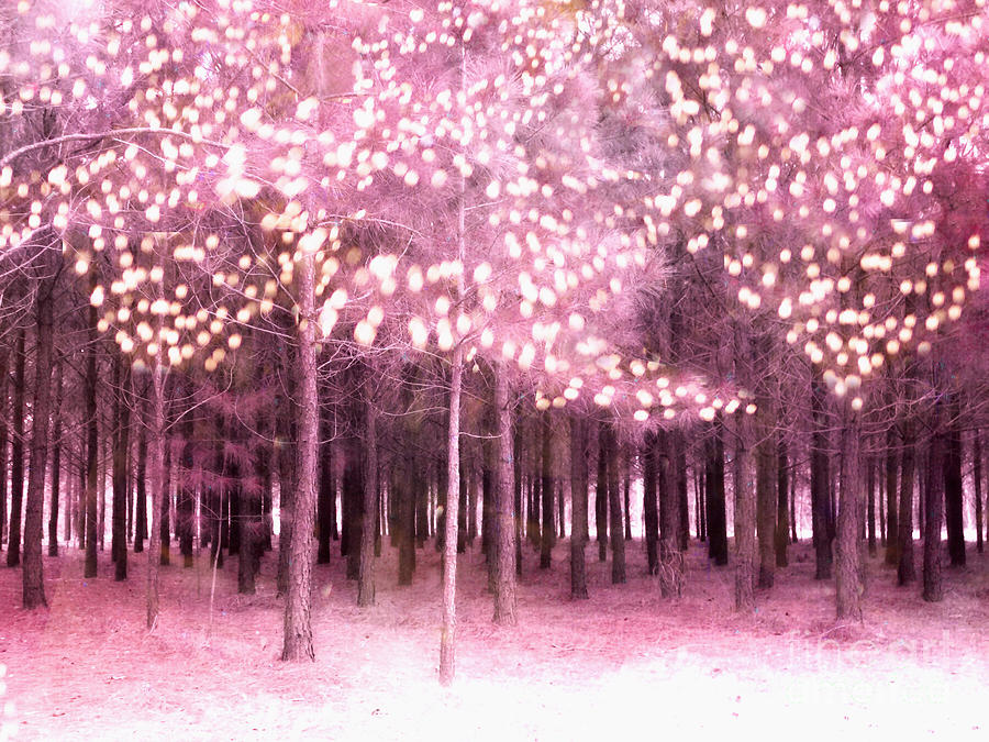 Surreal Fantasy Trees With Sparkling Lights - Pink Nature Trees Woodlands Photograph by Kathy Fornal