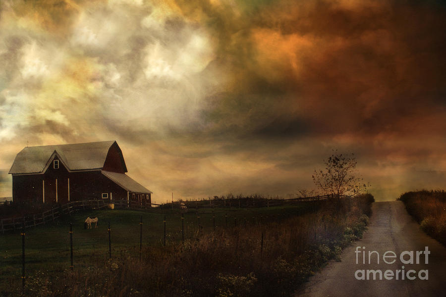 Barn Photograph - Surreal Barn Stormy Nature Michigan Country Road Landscape Haunting Clouds Skyline by Kathy Fornal
