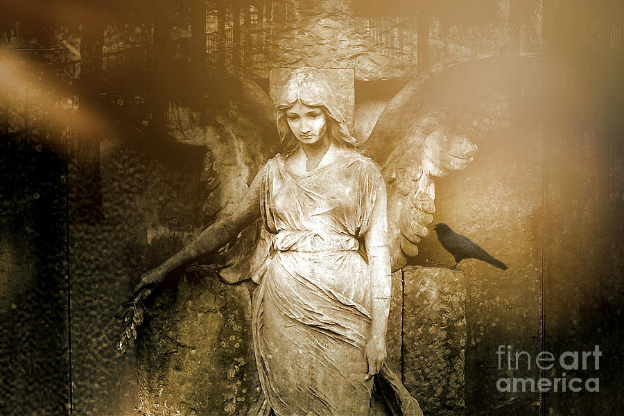 Surreal Gothic Angel Art Photography - Spiritual Ethereal Sepia Angel With Black Raven  Photograph by Kathy Fornal