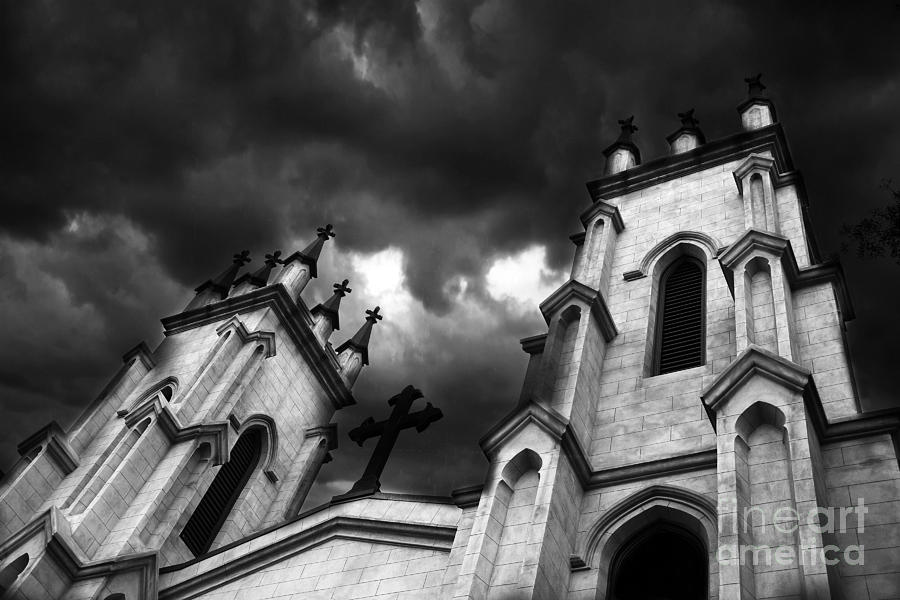 Surreal Gothic Black and White Church Steeple With Cross - Haunting Spooky Surreal Gothic Church Photograph by Kathy Fornal