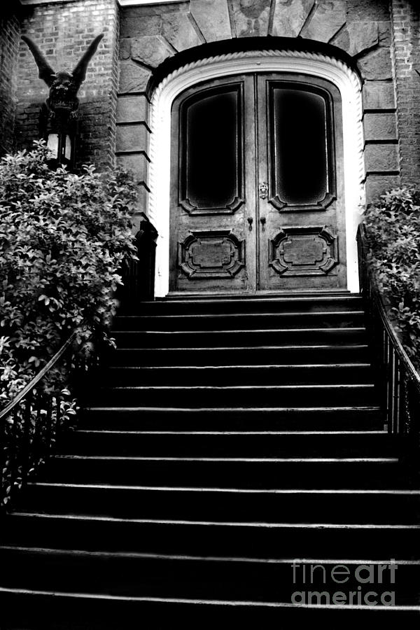 Charleston Surreal Gothic Black and White Staircase and Door With Gargoyle Photograph by Kathy Fornal