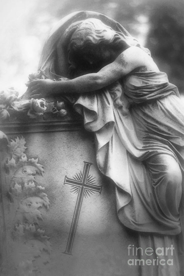 Surreal Gothic Cemetery Angel Mourner Draped Over Coffin With Cross- Haunting Cemetery Sculpture Art Photograph by Kathy Fornal