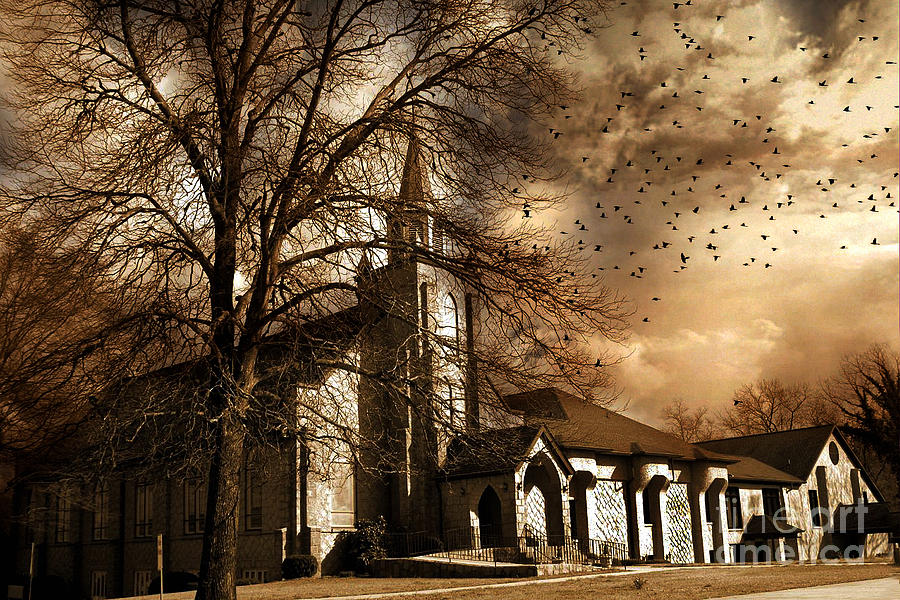 Surreal Gothic Church Fall Autumn Dark Sky and Flying Ravens  Photograph by Kathy Fornal