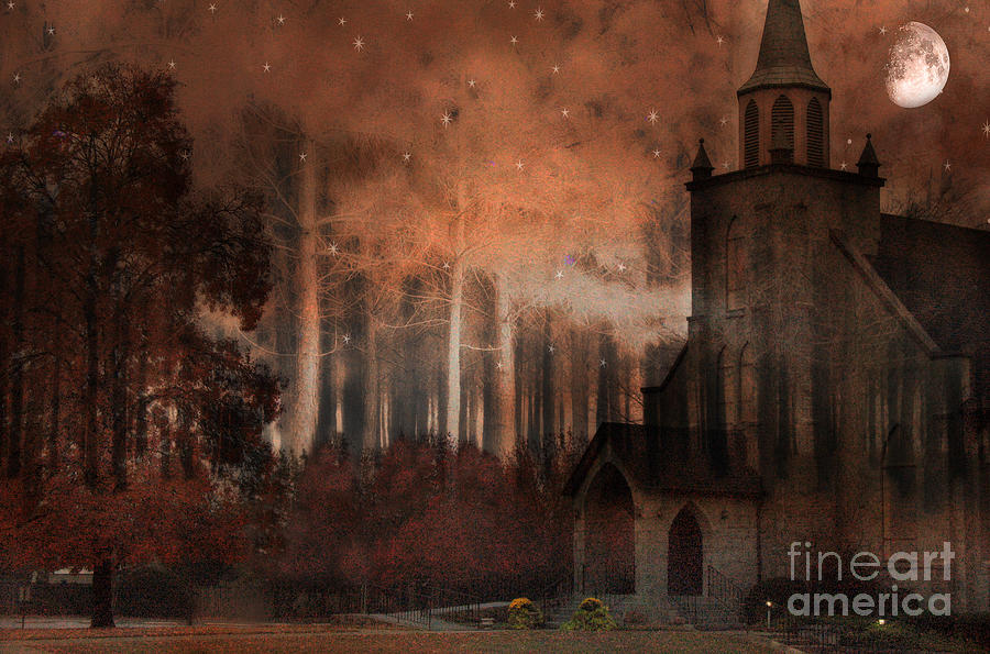 Surreal Gothic Church Autumn Fall Orange Brown With Full Moon and Stars Photograph by Kathy Fornal