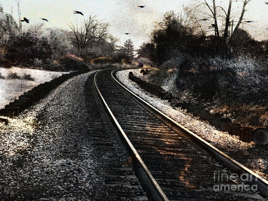 Railroad Tracks Photograph - Surreal Gothic Dark Train Railroad Tracks With Flying Ravens by Kathy Fornal