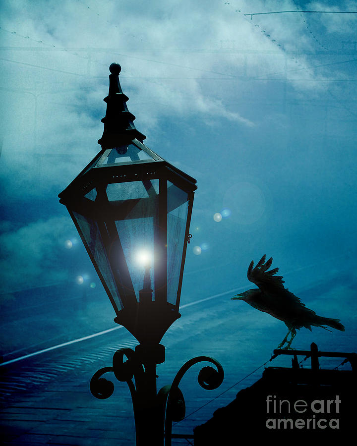 Surreal Gothic Fantasy Dark Night Street Lantern With Flying Raven  Photograph by Kathy Fornal