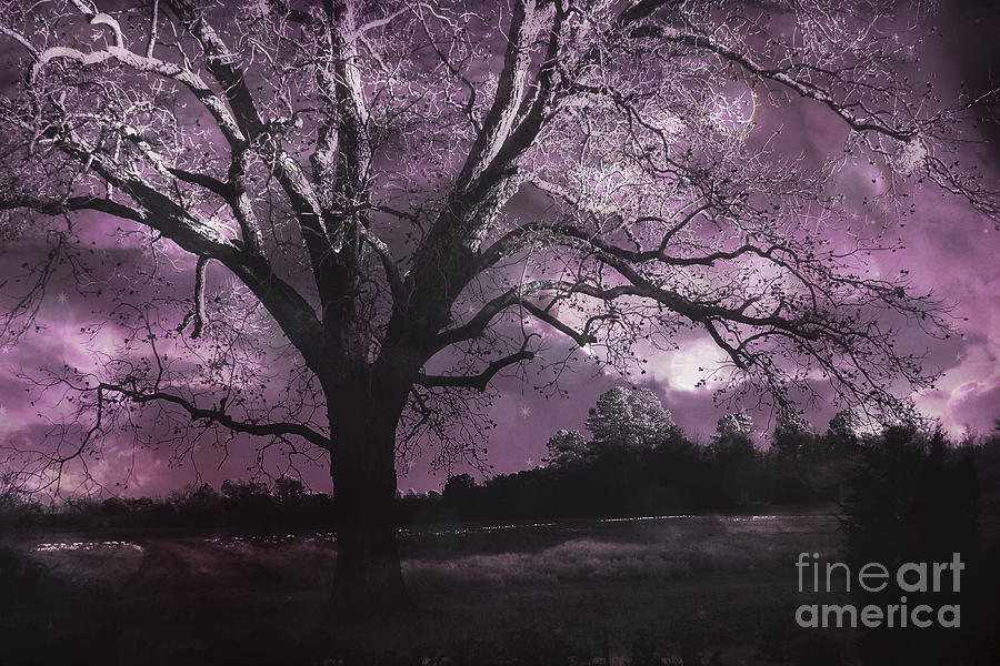 Purple Trees Photograph - Surreal Gothic Fantasy Purple Tree Landscape - Haunting Purple Lavender Gothic Infrared Tree by Kathy Fornal