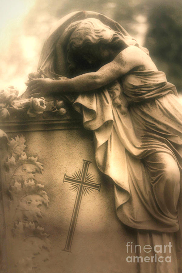 Angel Art By Kathy Fornal Photograph - Surreal Gothic Haunting Cemetery Mourner On Grave With Cross and Roses Coffin by Kathy Fornal