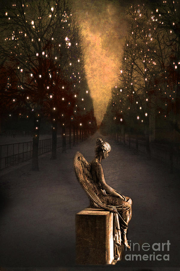 Surreal Gothic Angel Haunting Emotive Angel Sitting On Bench -Fantasy Surreal Gothic Angel In Paris Photograph by Kathy Fornal