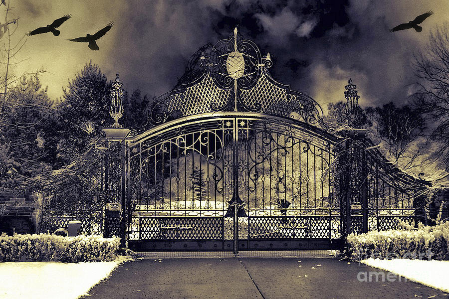 Gothic Gate Surreal Gothic Haunting Gate With Flying Ravens  Photograph by Kathy Fornal