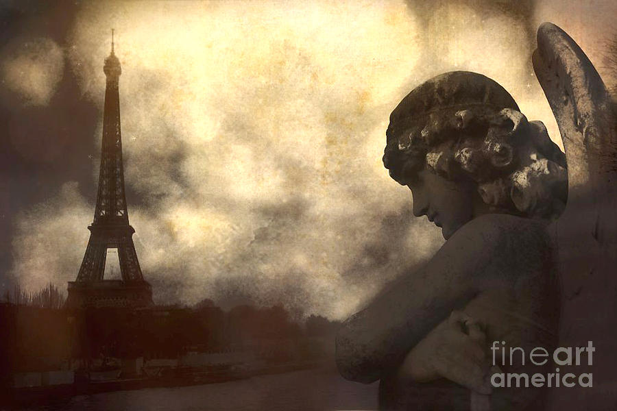 Surreal Gothic Paris Eiffel Tower With Angel Statue Montage Photograph by Kathy Fornal