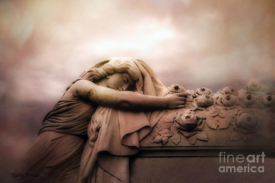 Surreal Gothic Sad Angel Female Cemetery Mourner At Rose Casket Coffin - Haunting Surreal Grave Art Photograph by Kathy Fornal