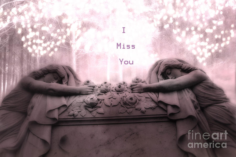 Fantasy Digital Art - Surreal Gothic Sad Angels Cemetery Mourners at Grave - I Miss You by Kathy Fornal