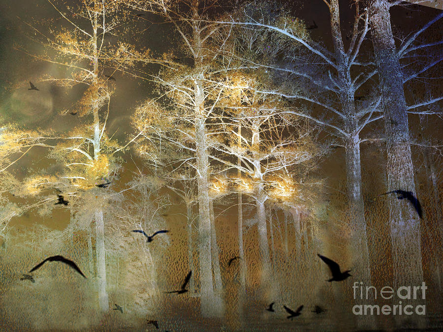 Ravens Flying Photograph - Surreal Haunting Fantasy Nature With Flying Ravens by Kathy Fornal