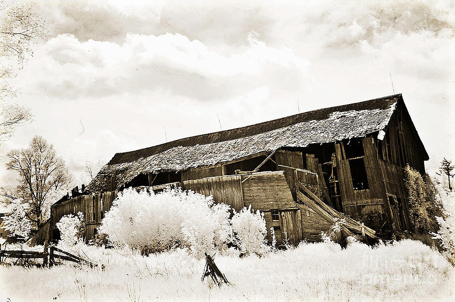 Surreal Infrared Sepia Old Crumbling Barn Landscape - The Passage of Time Photograph by Kathy Fornal