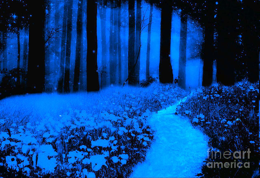 Nature Photograph - Surreal Moonlight Blue Haunting Trees Dark Fantasy Nature Path Woodlands Trees Forest by Kathy Fornal