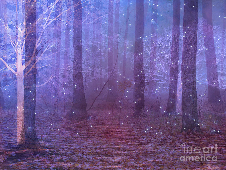 Surreal Nature Fantasy Dreamy Purple Woodlands and Stars - Sparkling Twinkling Stars Purple Trees Photograph by Kathy Fornal