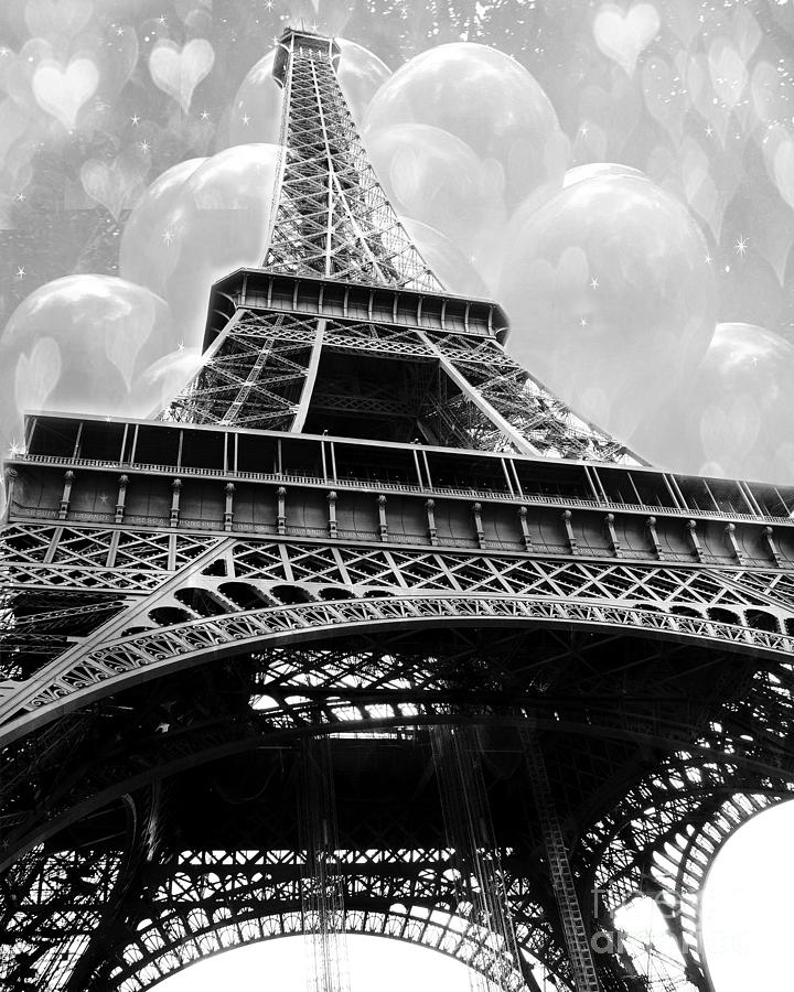 Surreal Paris Black and White Eiffel Tower with Balloons - Black and White Paris Fine Art Photograph by Kathy Fornal