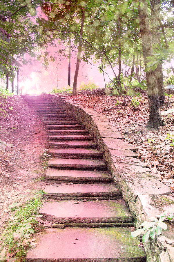 Fairy Tale Pink Fantasy Dream Staircase In Woodlands Forest - Pink Fantasy Stairs Nature Decor Photograph by Kathy Fornal