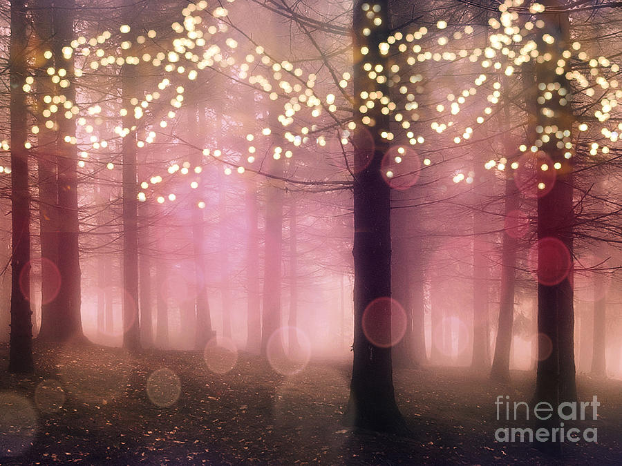 Surreal Pink Fantasy Fairy Lights Sparkling Nature Trees Woodlands - Pink Nature Sparkling Lights Photograph by Kathy Fornal