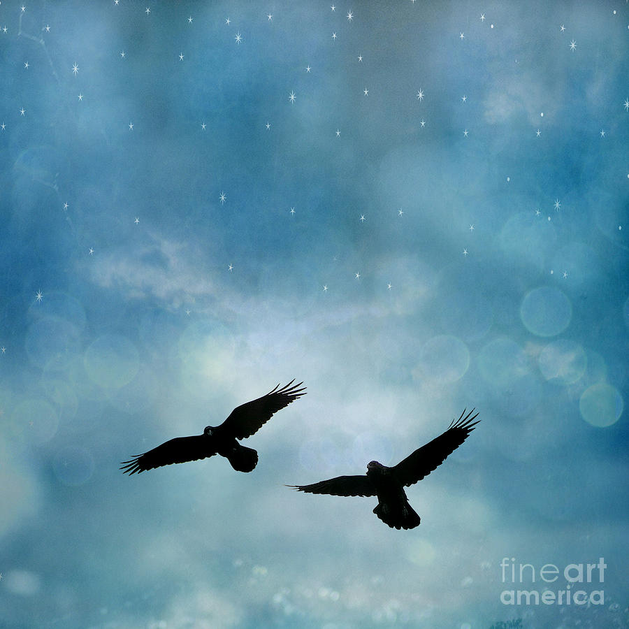 Crows And Ravens Photograph - Surreal Ravens Crows Flying Blue Sky Stars by Kathy Fornal