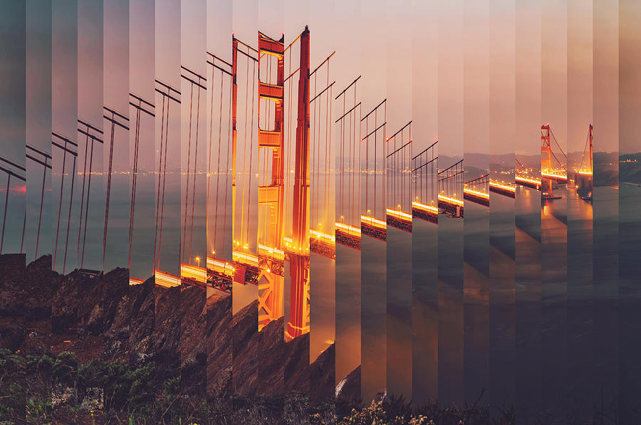 Surreal rearranged strips picture of the Golden Gate bridge at dusk with cool effect. Photograph by Artur Debat