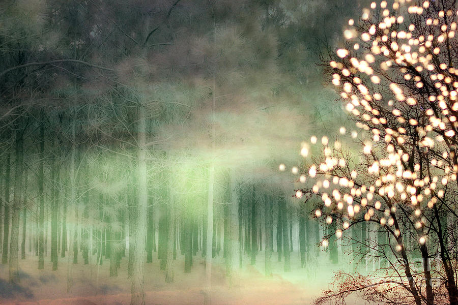 Nature Photograph - Surreal Sparkling Fantasy Nature - Green Sparkling Lights Trees Forest Woodlands by Kathy Fornal