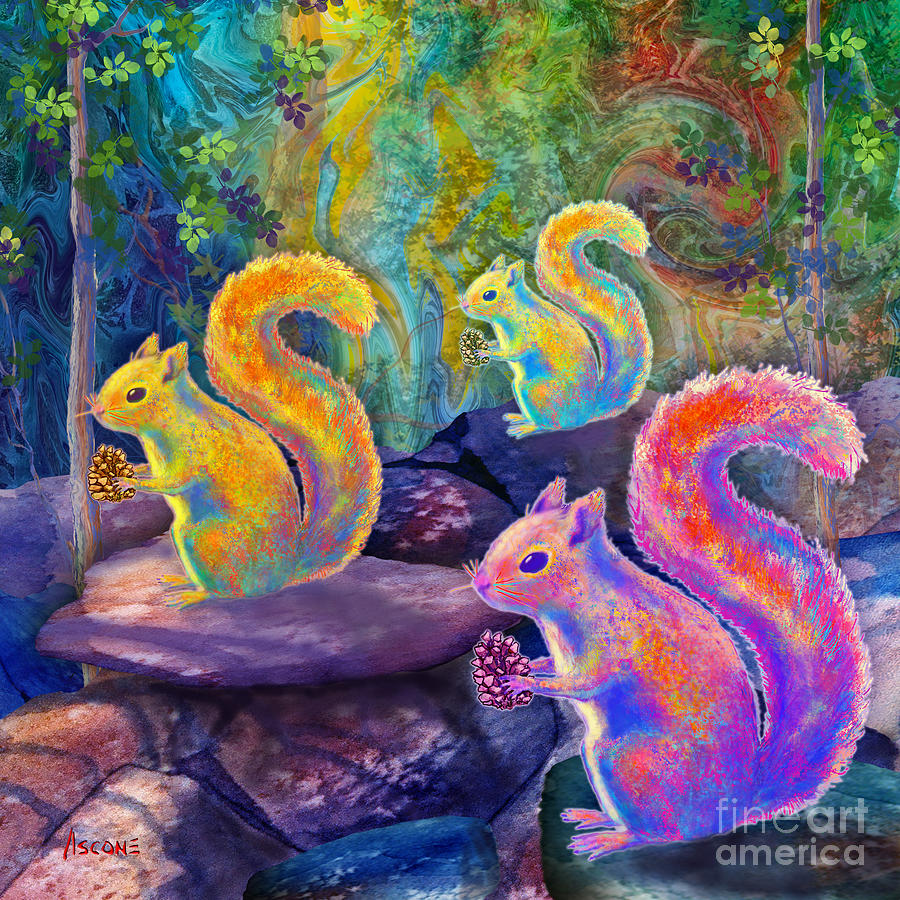 Wildlife Painting - Surreal Squirrels in Square by Teresa Ascone