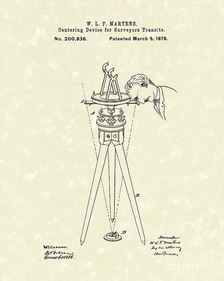 Surveyers Device 1878 Patent Art Drawing by Prior Art Design